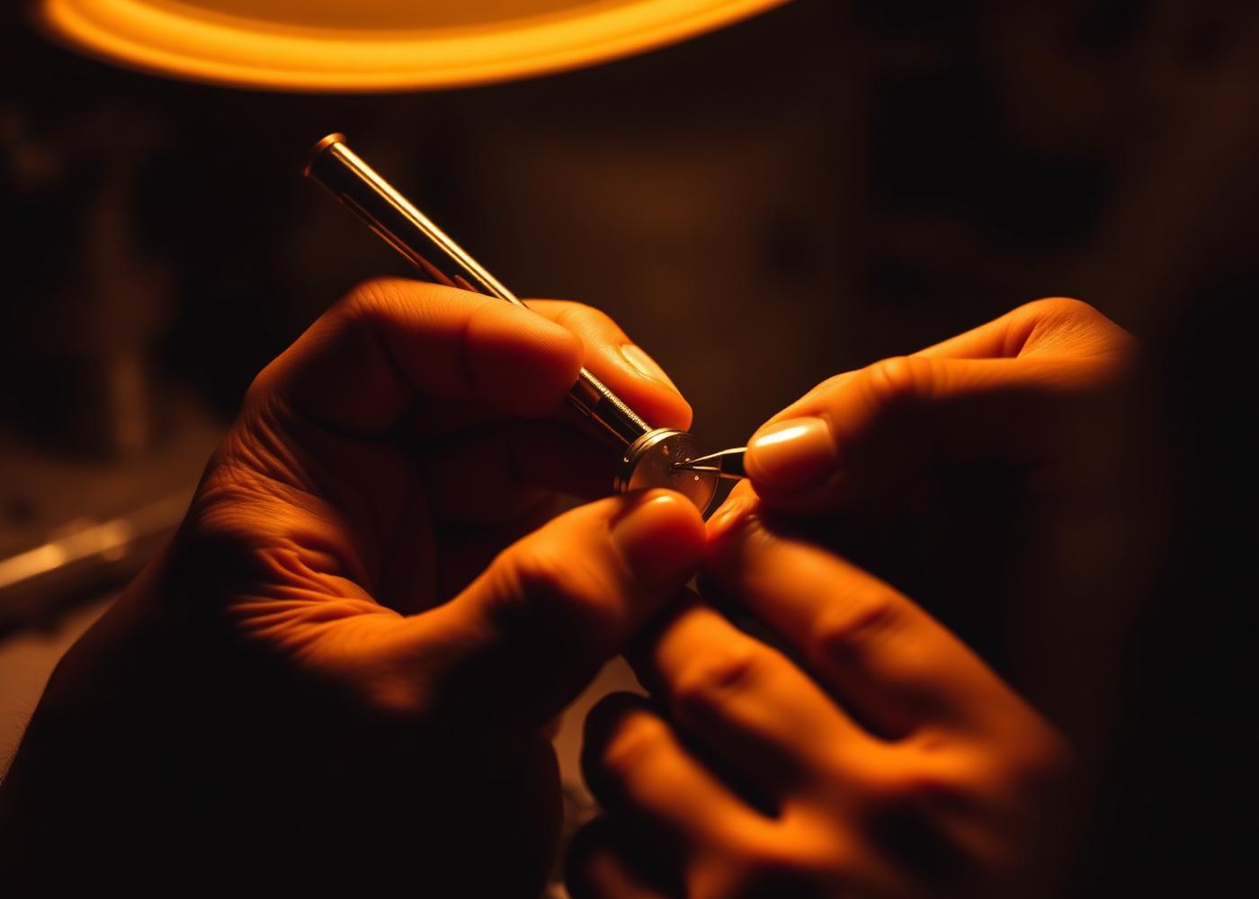 A goldsmith engraving a gold band by hand under a workshop lamp